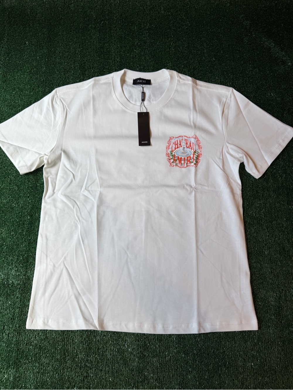 White Short Sleeve T-Shirt with Red & Green Chest Graphic
